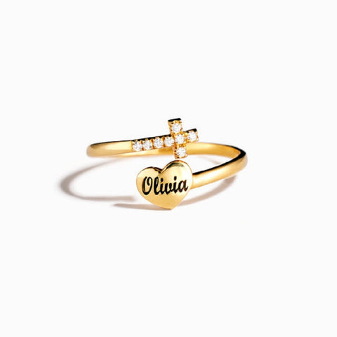 Heart & Cross Custom Name Ring